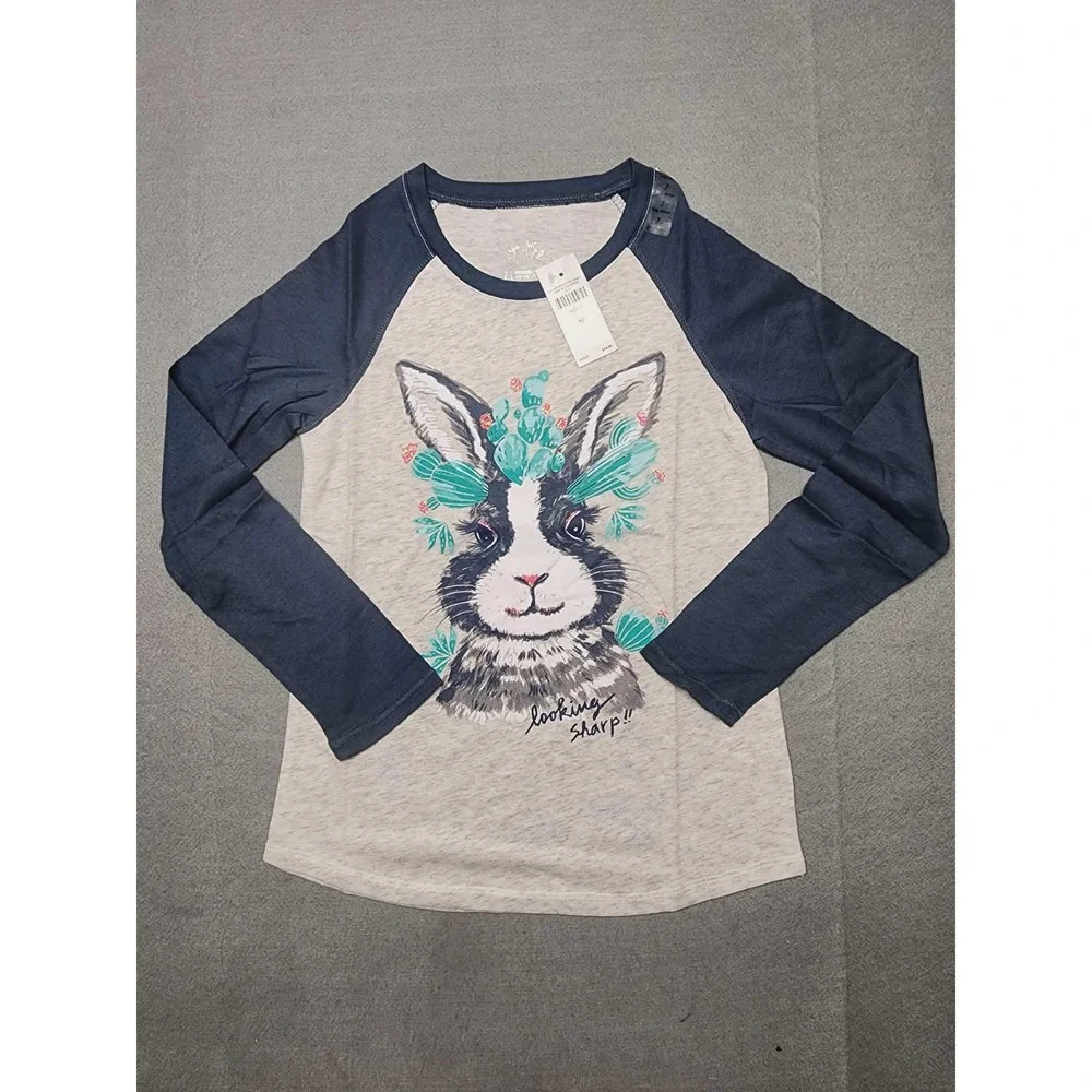 Justice Girls Raglan Long Sleeve Bunny Cactus Graphic Tee Gray Navy Size 7 NWT
